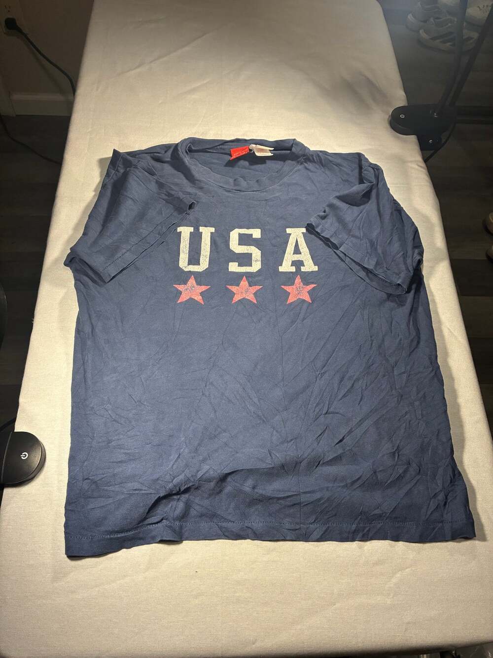 Vintage Liz & Co USA Graphic Tee Navy Blue 3 Star Patriotic Shirt size M